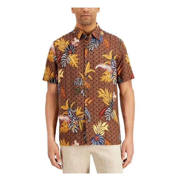 TASSO ELBA Other - TASSO ELBA Mens Brown Printed Collared Classic Fit Button Down Silk Shirt S